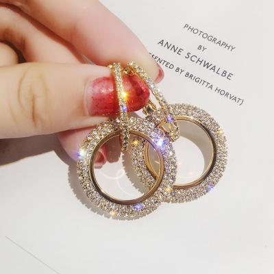 China 2021 Fashion Trendy Jewelry Gold Plated Aretes Elegant Diamond Drop Earring Double Hoop Circle Rhinestone Earrings For Women for sale