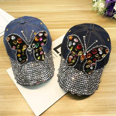 China Butterfly Adjustable Shiny Waterproof Diamond Baseball Caps Denim Hat Snapback Jean Cap Colorful Glitter Cotton for sale