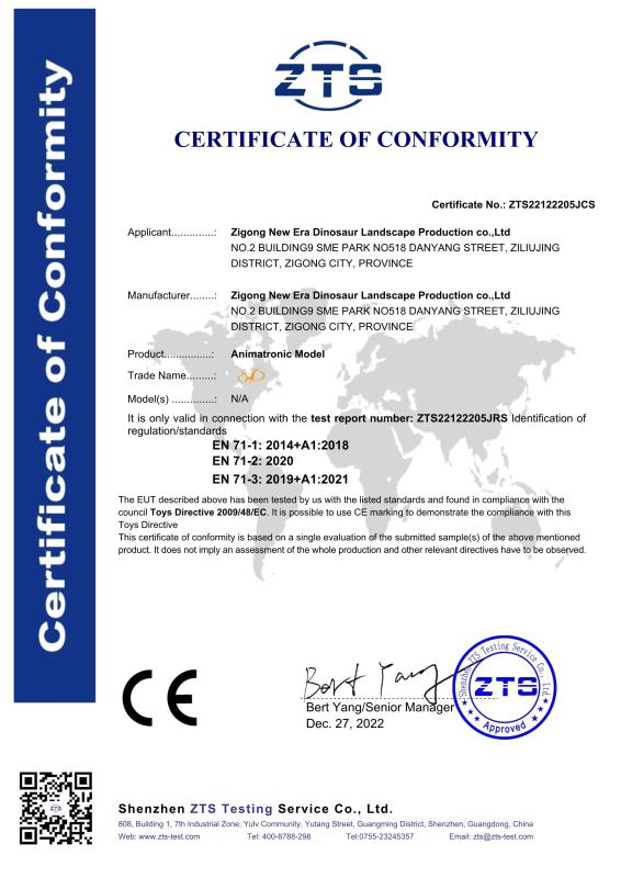 CERTIFICATE OF CONFORMITY - Zigong New Era Dinosaur Landscape Manufacture Co., Ltd.