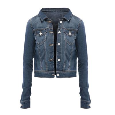 China Windproof Custom Design Slim Women Lattice Turn Down Collar Buttons Patch Pockets Plain High Quality Denim Jacket for sale