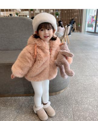 China Windproof Custom Design Girls Fleece Artificial Fur Front Zipper Thick Hooded Winter Anorak Jackets Kids for sale