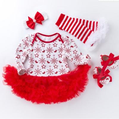 China Short Sleeve Baby Newborn Christmas Outfits Reindeer Lace Romper Dress With Headband Clothes for sale