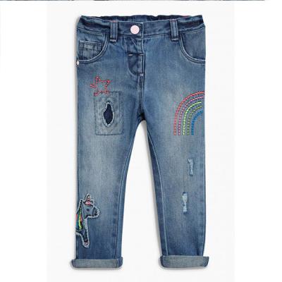 China Custom Embroidered Color Fade Proof Logo Design Kids Denim Ripped Front Button Mid Waist Pockets Jeans Boys Kids for sale