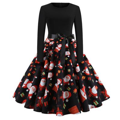 China Breathable Snowflake Printing Women's Retro Long Sleeve Flare Dress Belt Christmas Party Dress for sale