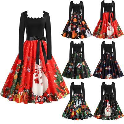 China New Women High Waist Retro Breathable Elastic O-neck Long Sleeve Big Edge Christmas Print Casual Dress for sale