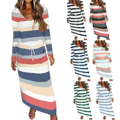 China 2021 Women's Loose V-Neck Stripe Dress Anti-Static Casual Dress Long Sleeve Drawstring Dress With Pockets for sale