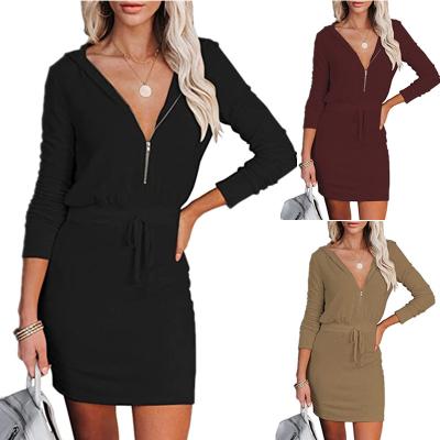 China New Viable Women's Solid Color Zipper Casual Long Sleeve Dress Waist Hooded Dress for sale