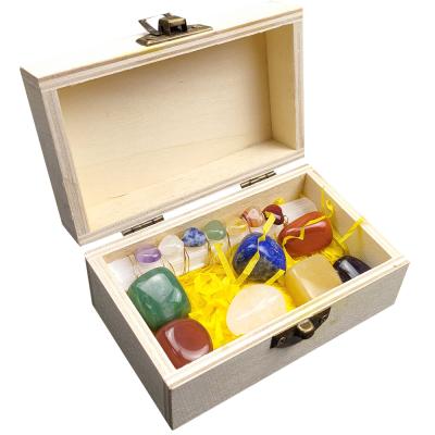 China Wholesale Natural China Crystal Healing Stone Selenite Wooden Box Set Charm Seven Chakras Stone Set Meditation Folk Craft for sale