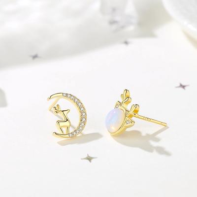 China Creative Asymmetrical Sterling Silver Elk Forest Moonstone Antler Earrings Female Cool Earrings FASHIONABLE Small Earrings for sale