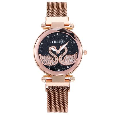 China Wholesale New Pattern Swan Diamond Watch Belt Ladies Face Diamond Star Spot Simple Net High Quality Magnet Watch for sale