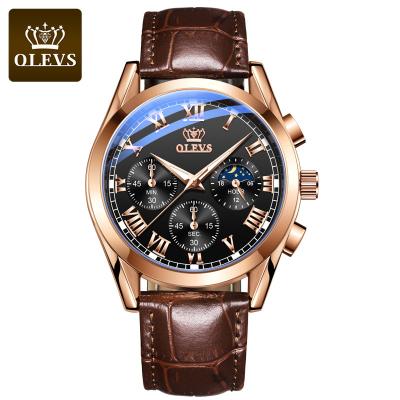 China Full Calendar Fashion OLEVS Mens Watches Quartz Sports Chronograph Watches Moon Phase Relogio Masculino Leather Strap for sale