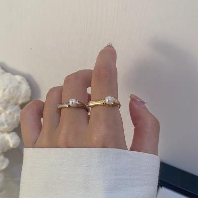 China Trendy Korean Simple Fashion 14K Gold Plated Vintage White Pearl Bamboo Shaped Adjustable Rings For Women Jewelry for sale