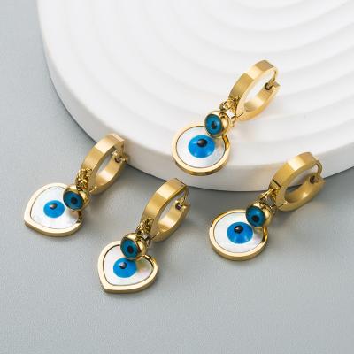 China Trendy Wholesale Good Quality Jewelry Evil Eyes Cute Fashion Titanium Steel Women Inlaid Shell Hoop Earrings For Girls for sale