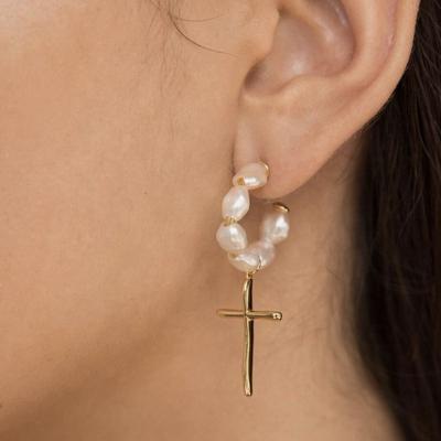 China New FASHIONABLE creative girly brass gold plated pearl drop earrings pendant jewelry thin cross punk white pearl for sale