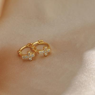 China Wholesale Trendy Korean Minimalist Design Micro Cross Zircon Circle Micro Inlaid Cute Stud Earrings Small For Women Jewelry for sale