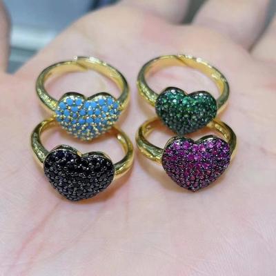 China FASHIONABLE New Design Brass 18K Gold Plated Love Heart Inlay Micro Colorful Zircon Adjustable Rings For Women Jewelry for sale