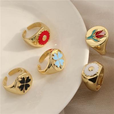 China TRENDY Fancy Rose Flower Four Leaf Clover Sunflower Gold Colored Enamel Plated Printed Adjustable Rings For Women Jewelry for sale