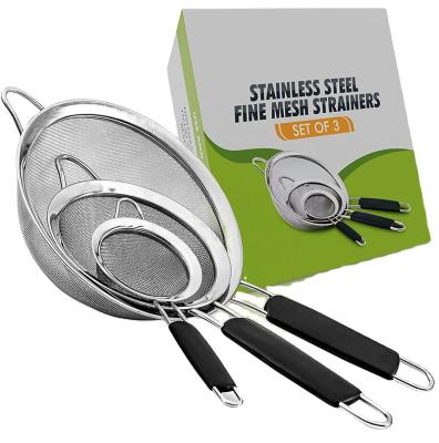 China Good Sustainable Premium Stainless Steel Mesh Strainers Set 3 Sizes With Customized Logo for sale