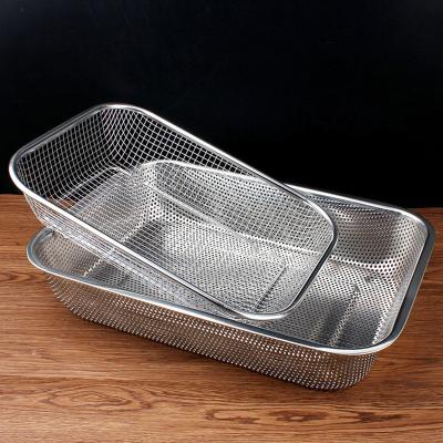 China Sustainable Kitchen Tools Rectangle Strainer Stainless Steel Colander Mesh Sink Drying Basket for sale