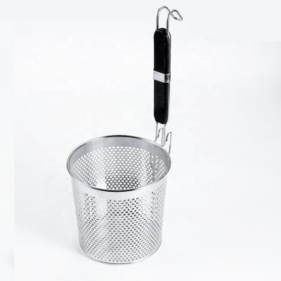 China Viable Perforated Stainless Steel Pasta Basket Mesh Spider Food Dumpling Noodle Sieve With Wooden Handle for sale