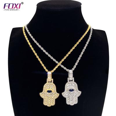 China BOHEMIA Foxi Jewelry Palm Shape Design 2021 18K Gold Plated Shiny Blue Eye Crystal Zircon Pendant Necklace for sale