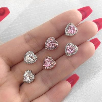 China Cute Heart Stud Earrings Silver Geometric Zircon Stud Earrings Bling Bling Stud Earrings For Woman for sale