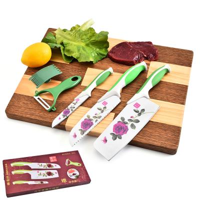 China Viable Kitchen Knife Stainless Steel Flower Printed Chef Knife Peeler Set Kitchen Coating Instruments for sale