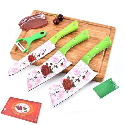 China Sustainable Kitchen Knife Set 5 Pieces Stainless Steel Sharp Cooking Knife Set With Nonstick Coating Rose Flower For Women Girls for sale