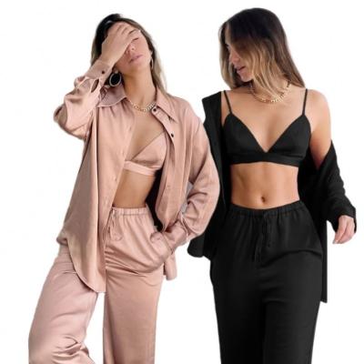 China Manufacturer Thermal 3 Pieces Pants Pajamas Lingerie Sets New Design Homefit Textile Creams Lounge Wear Satin Women Silk Pajamas for sale