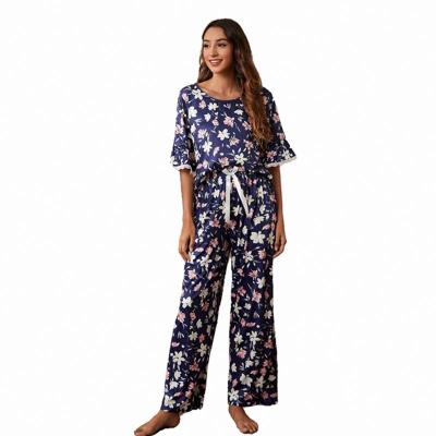 China OEM Manufacturer Lace Trim Women Sleepwear Cotton Breathable Floral Half Sleevewomen Pajamas for sale