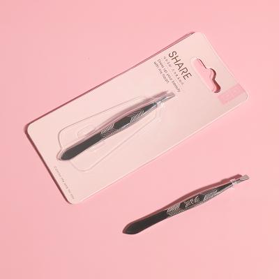 China Eyebrow Customized Stainless Steel Squared Logo Eyebrow Tweezers With PVC Packing for sale