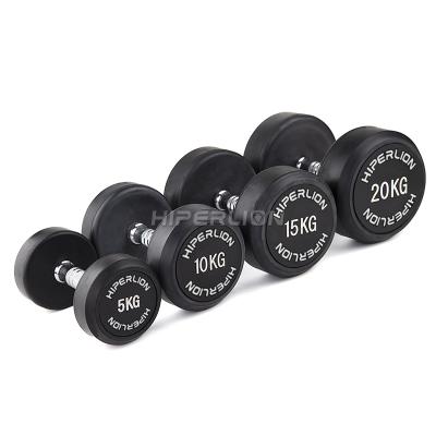 China Rubber Covered Dumbbell Gym Equipment Commercial Fixed Neoprene Covered PU Pro Set Rubber Coated Round Pounds Head Dumbbell for sale