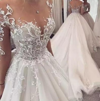 China Custom Size O Neckline Plus Size O Sleeve A Line Beads Lace Up Designer Bridal Wedding Gowns for sale