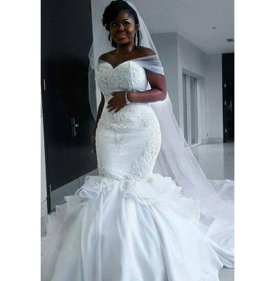 China Custom made high quality popular style dry cleaning plus size african style off the shoulder lace beaded mermaid bridal wedding dresses for sale