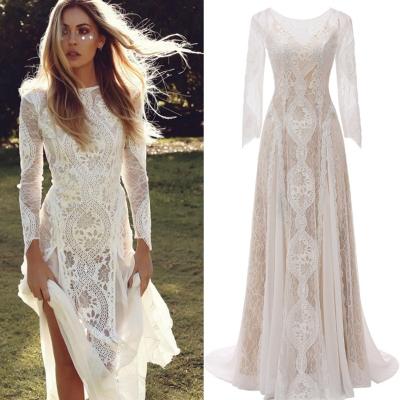 China French Dry Cleaning Lace Long Sleeve Split Sexy European Style Boho Wedding Dresses Beach Style Bohemia Bridal Gowns for sale