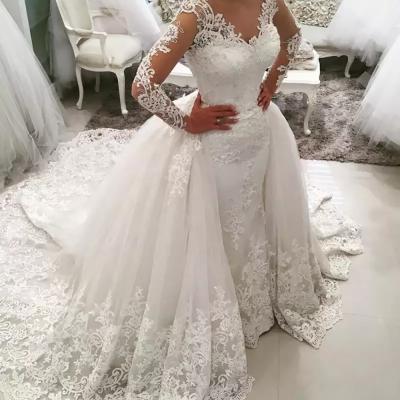 China Dry Cleaning New 2 in 1 Amazing Detachable Wedding Dress Arabic Bridal Mermaid Train Long Sleeve Lace Wedding Dresses for sale