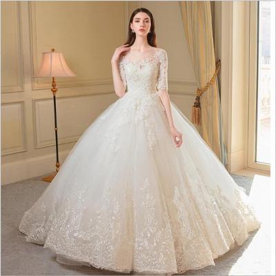 China Dry Cleaning Illusion Neck Lace Applique Half Sleeve Ball Gown Wedding Dresses Plus Size Long Train Bridal Gowns for sale