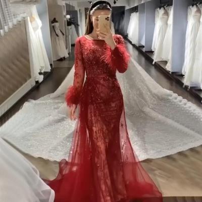 China Dry Clean Gold/Pink/Blue/Burgundy Meramaid Evening Dresses 2021 Sexy Elegant Beading Feathers For Women Party Dresses for sale