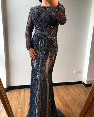 China Dry cleaning Dubai sheath long O-neck full Diamond Mermaid Formal Dress Gray Luxury Evening Dresses 2020 plus size dress for sale