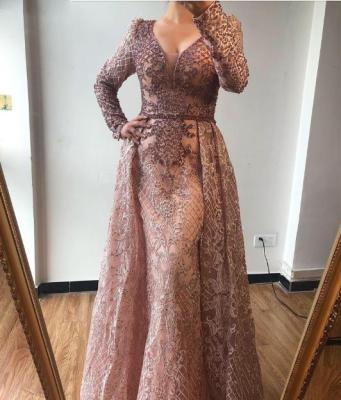 China Luxury V-Neckline 8 Different Color Dry Cleaning Beading France Lace Evening Dresses Plus Size Long Sleeve Ball Gown Party Dresses for sale