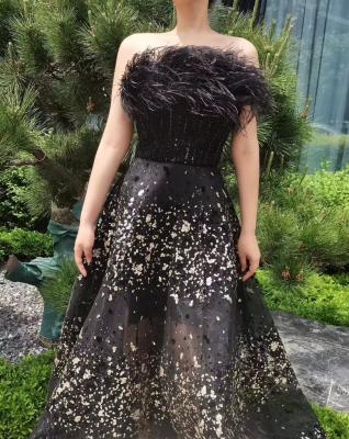 China Luxury Dry Cleaning Feather Arabic Evening Dresses Long For Women Black Beading Formal Prom Dresses Dubai Wedding Party Gowns for sale