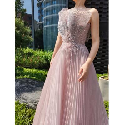 China Pink Dry Cleaning Scalloped Pleats Elegant Arabic Evening Dresses 2022 Long A Line Dubai Formal Dresses For Women for sale