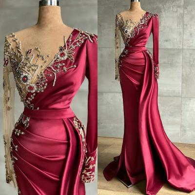 China Real Picture Dark Red Dry Cleaning Plus Size Evening Dresses Sheer Jewel Neck Beaded Long Sleeve Mermaid Prom Dress for sale