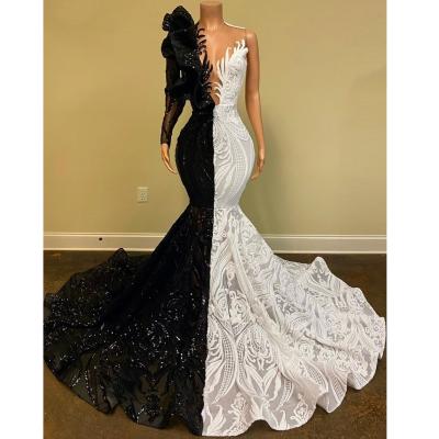 China 15 Colors Plus Size Dry Cleaning Prom Dresses 2021 African Girls Long Sleeve Sexy Black And White Sequin Mermaid Elegant Evening Dresses for sale