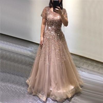 China Dry Clean Gold/Gray/Red/Navy/Blue/Pink Color Short Sleeve Beaded Crystal Handmade Bling Bling One-Line Evening Dresses for sale