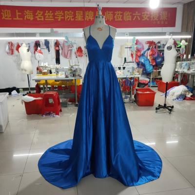 China Dry Clean Spaghetti Straps Shinny Royal Blue Satin V-Neckline Long Prom Dresses Custom Made Plus Size Formal Dresses for sale