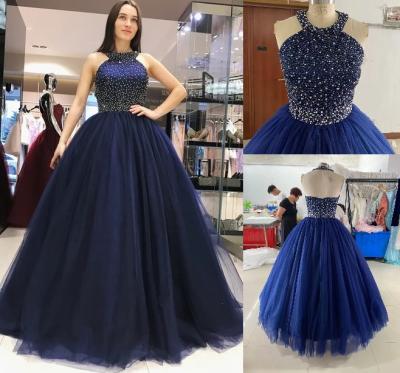 China Dry Cleaning Halter Neck Ball Gown Full Beaded Royal Blue Quinceanera Dresses Custom Made Plus Size Evening Prom Dresses for sale