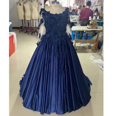 China Dry Cleaning Off Shoulder Long Sleeve Ball Gown 3D Lace Up Flowers Lady Party Dresses Navy Blue Women Prom Dresses Dresses for sale