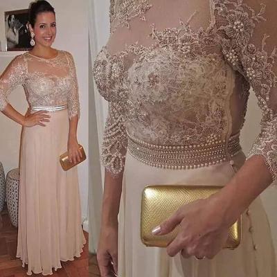 China Dry Cleaning Beading 3/4 Sleeve O Neckline Lace Up Champagne Color Chiffon Bridesmaid Dresses See Through Formal Prom Dresses for sale