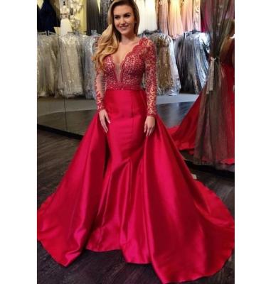 China Sexy Beaded V-Neckline Red Color Plus Size Prom Dresses Long Sleeve Plus Size Mermaid Overskirt Prom Party Dress for sale